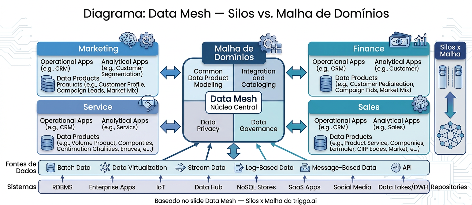 Data Mesh — Silos vs. Malha de Domínios
